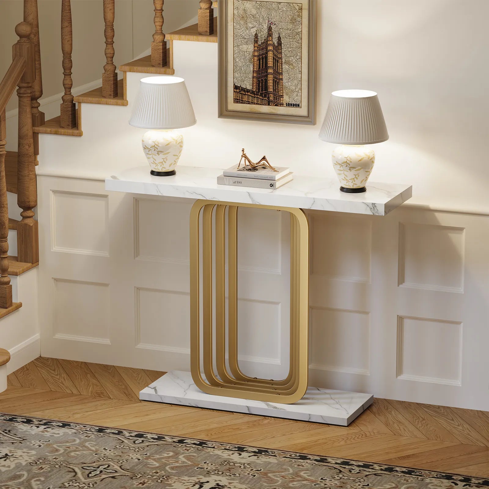 Narrow Console Table with Outlet, Industrial Entryway Table with Unique Base, Small Sofa Table, behind couch table for Entry Way Living Room,White