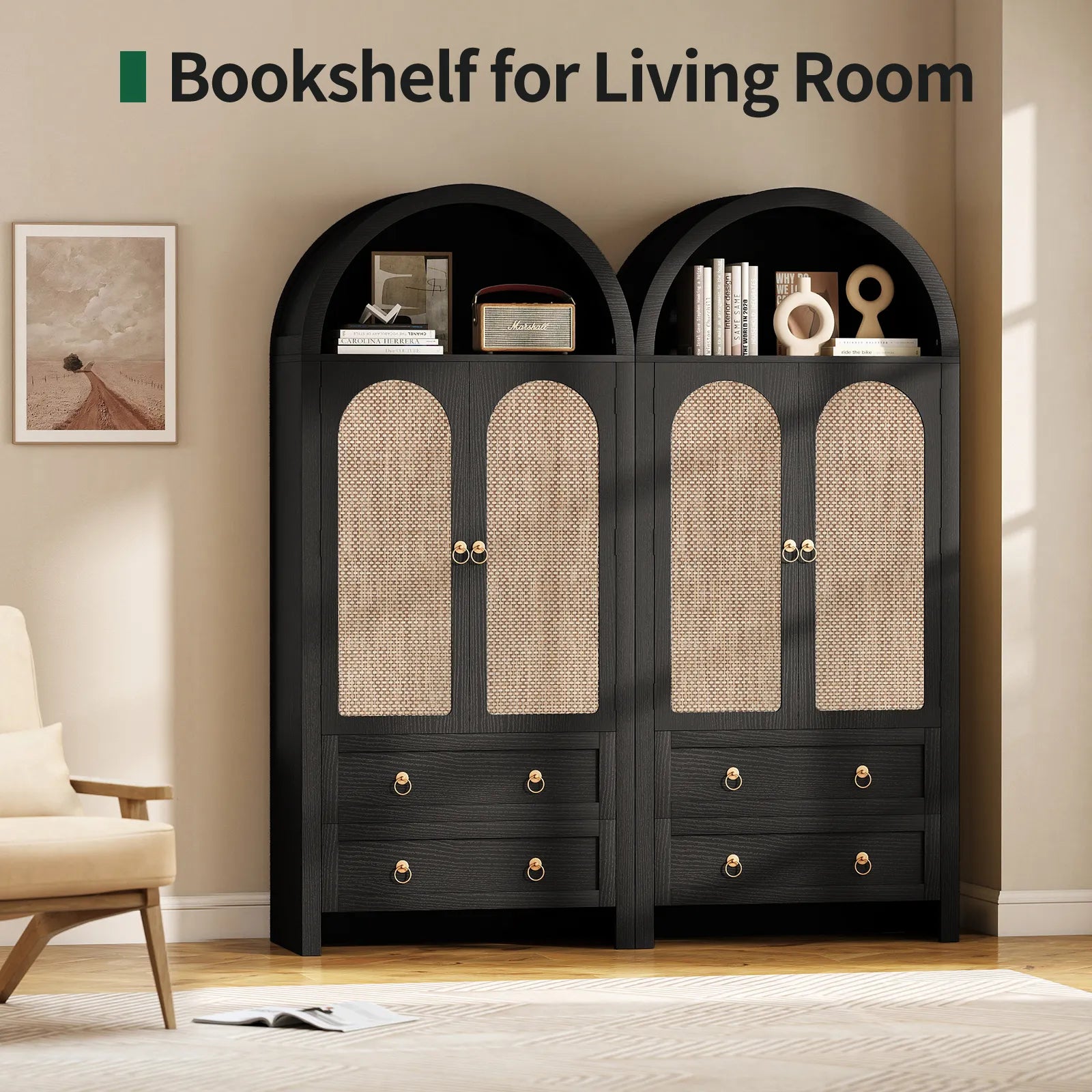 71" Tall Arched Kitchen Pantry Storage Cabinet, Food Pantry Cabinet Bookshelf with 2 Drawers, Wood Storage Cabinets with Door for Dining Room, Living Room
