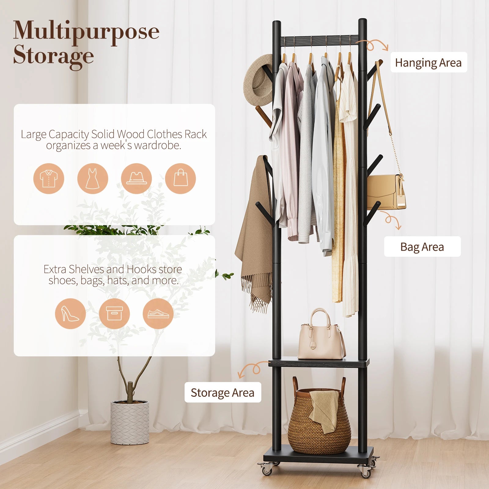 Solid Wood Coat Rack Freestanding, Rolling Clothes Rack with Wheels, Clothing Rack with 8 Hooks & Shelevs, Clothing Racks for Hanging Clothes