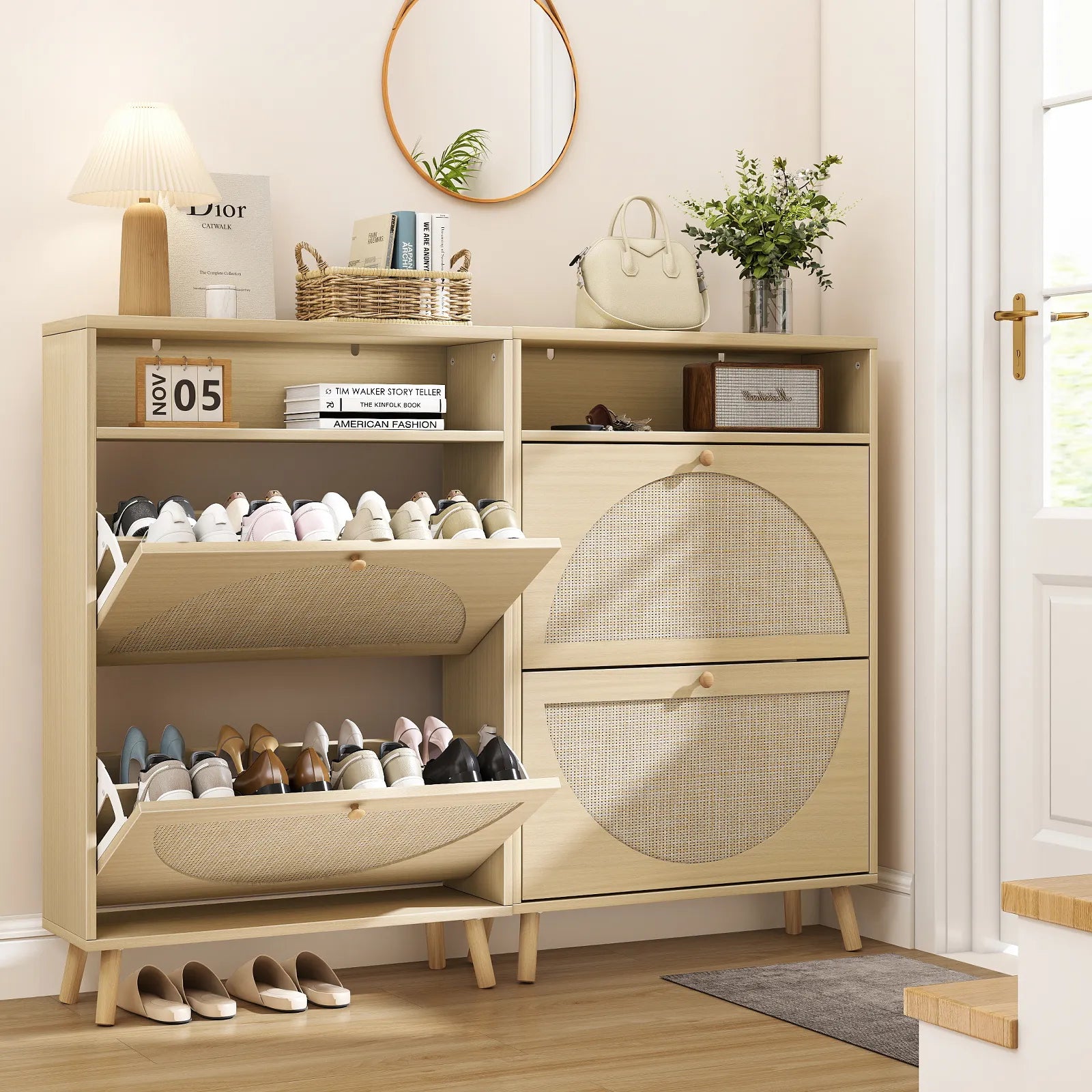 Rattan Shoe Cabinet with 2 Flip Drawers, Narrow Shoe Storage Cabinet with Adjustable Shelves, Wood Shoe Cabinet Storage for Entryway, Hallway