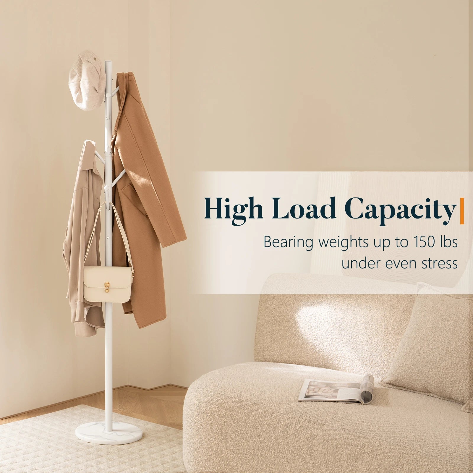 Coat Rack Freestanding with Natural Marble Base, Coat Tree with 8 Hooks, Metal Hall Tree for Jacket, Hat, Bag, Coat Hanger Stand for Entryway