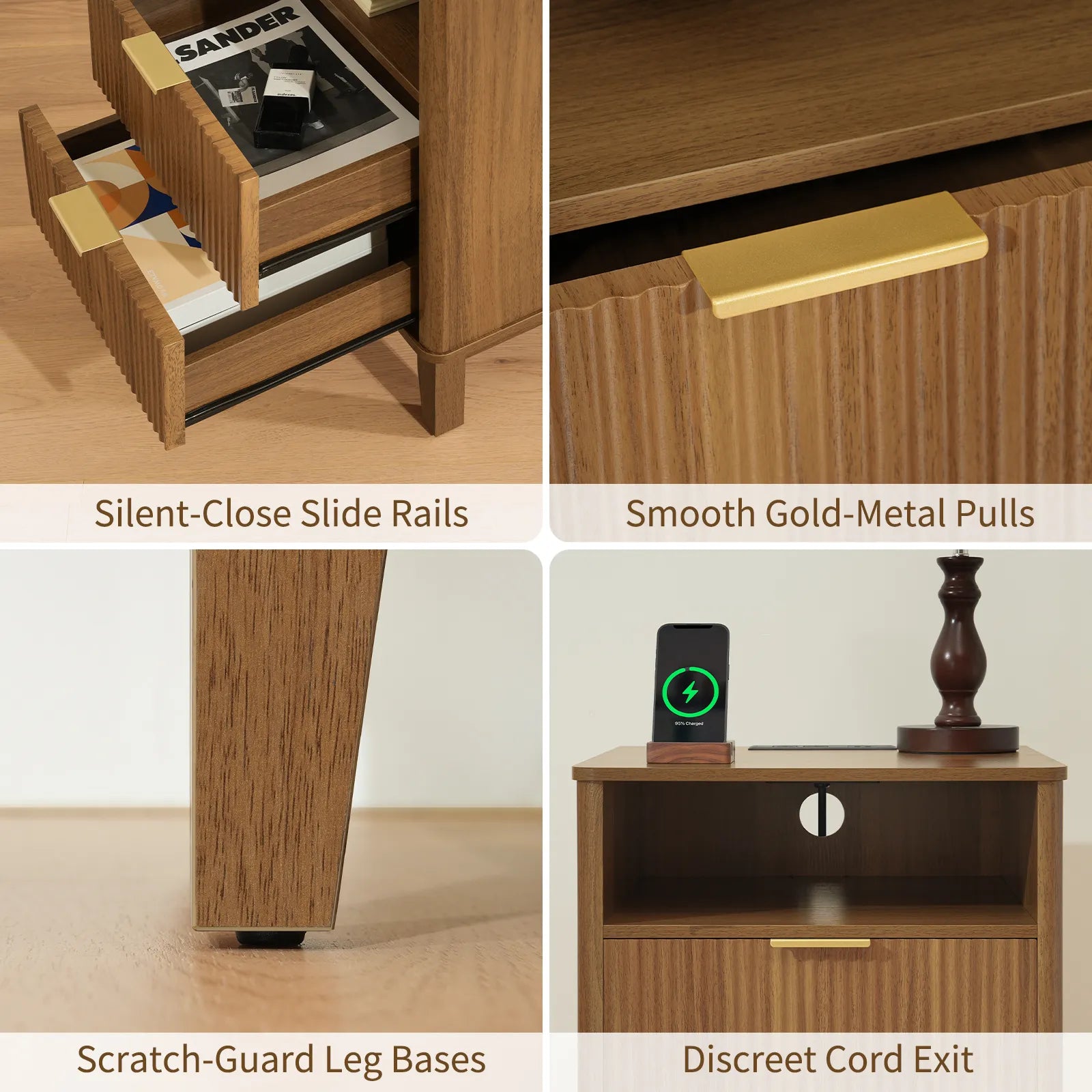 Night Stand with Charger Station, Fluted Nightstand with 2 Drawers and Storage Shelf, Mid Century Modern End Table for Bedroom Living Room