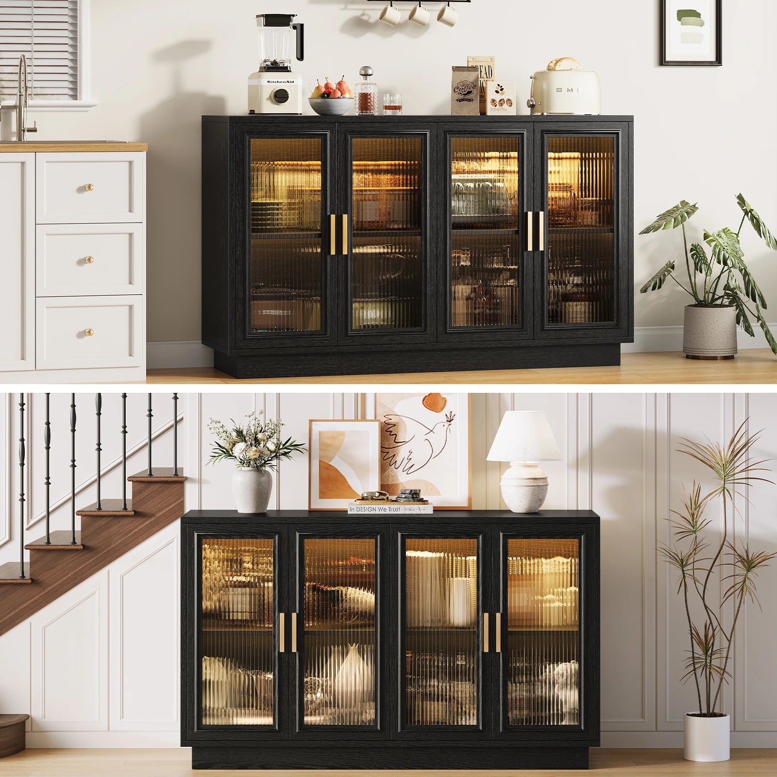 CURLA 55.1" Sideboard Buffet Cabinet with Storage, Wood Kitchen Cabinet with 4 Fluted Doors, Large Buffet Table, Credenza Coffee Bar for Dining Living Room