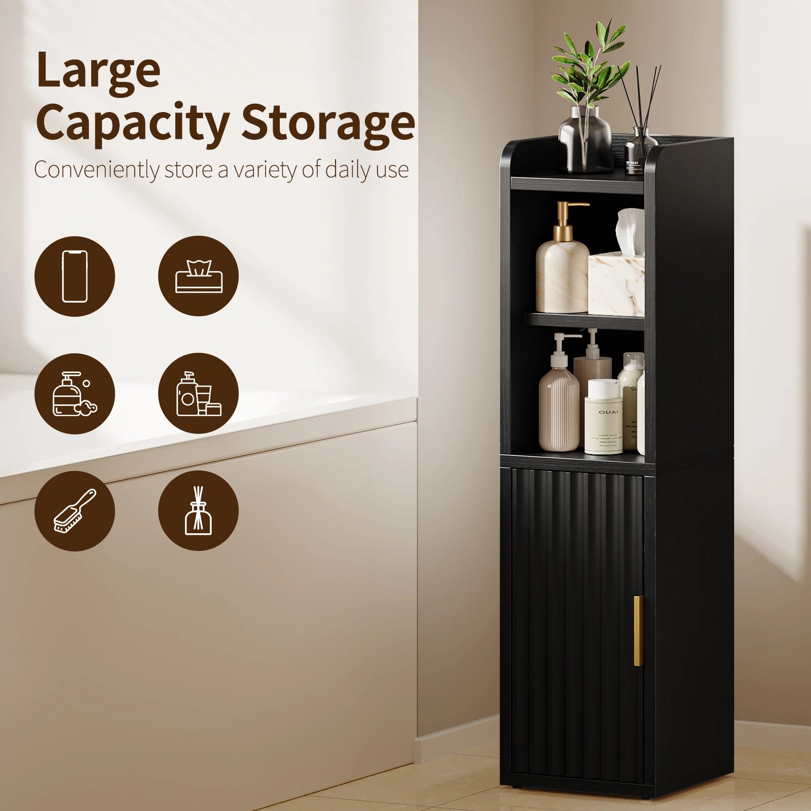 Maliowa Small Bathroom Storage Cabinet, Narrow Bathroom Cabinet with Fluted Door&Adjustable Shelf, Wood Toilet Paper Storage Cabinets for Small Space