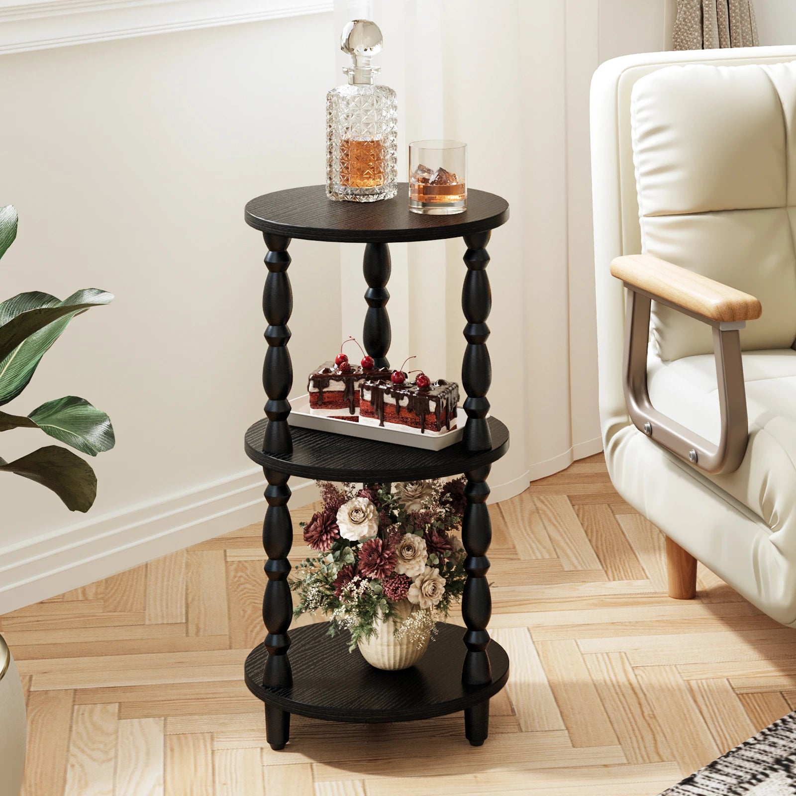 Maliowa 3-Tier Side Table, Small Round End Table for Living Room Bedroom, Accent Table Narrow Nightstand with Storage Shelf