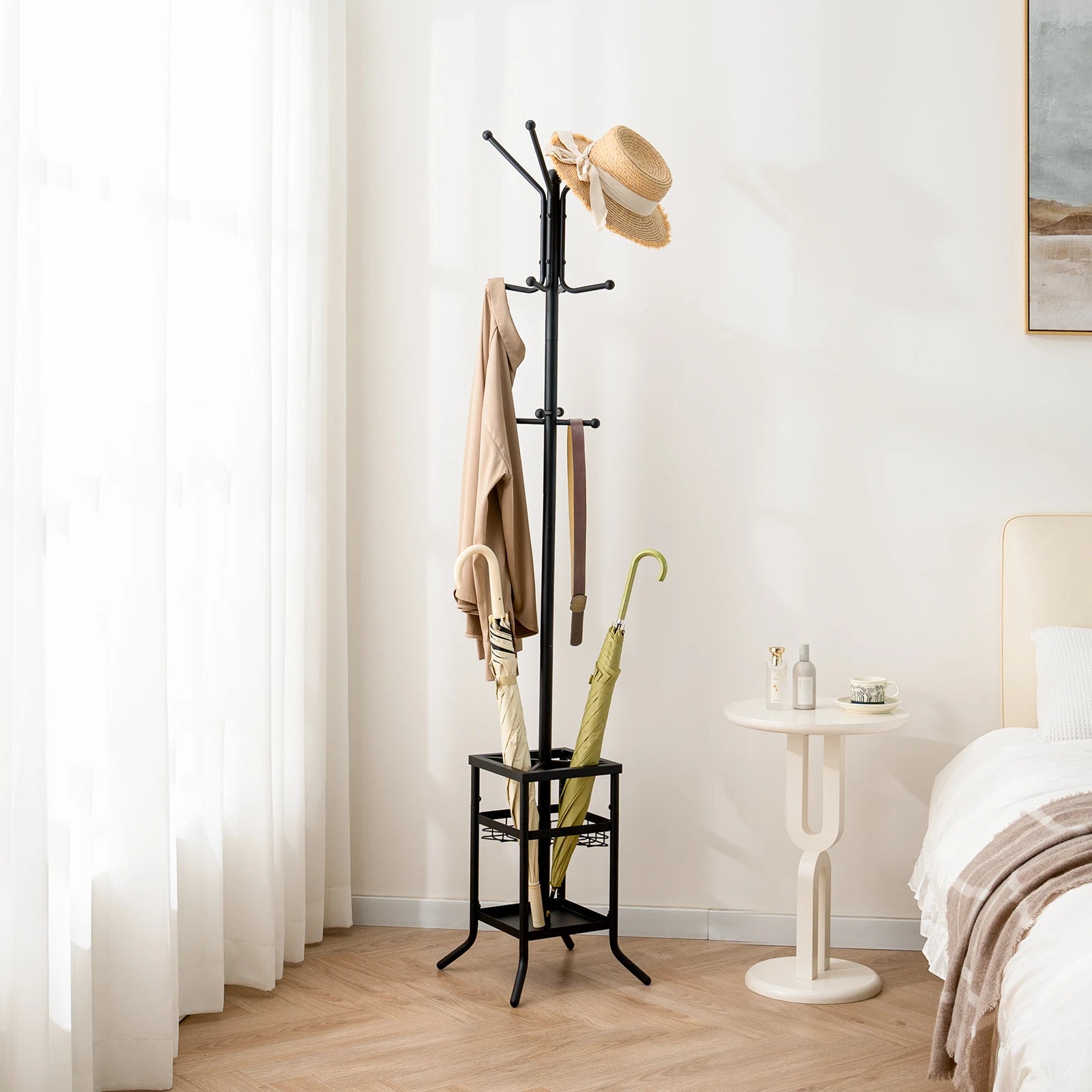 Coat Rack Freestanding, Coat Tree with Umbrella Holder, Metal Coat Rack Stand with 12 Hooks, Hall Tree Purse Rack for Entryway, Living Room