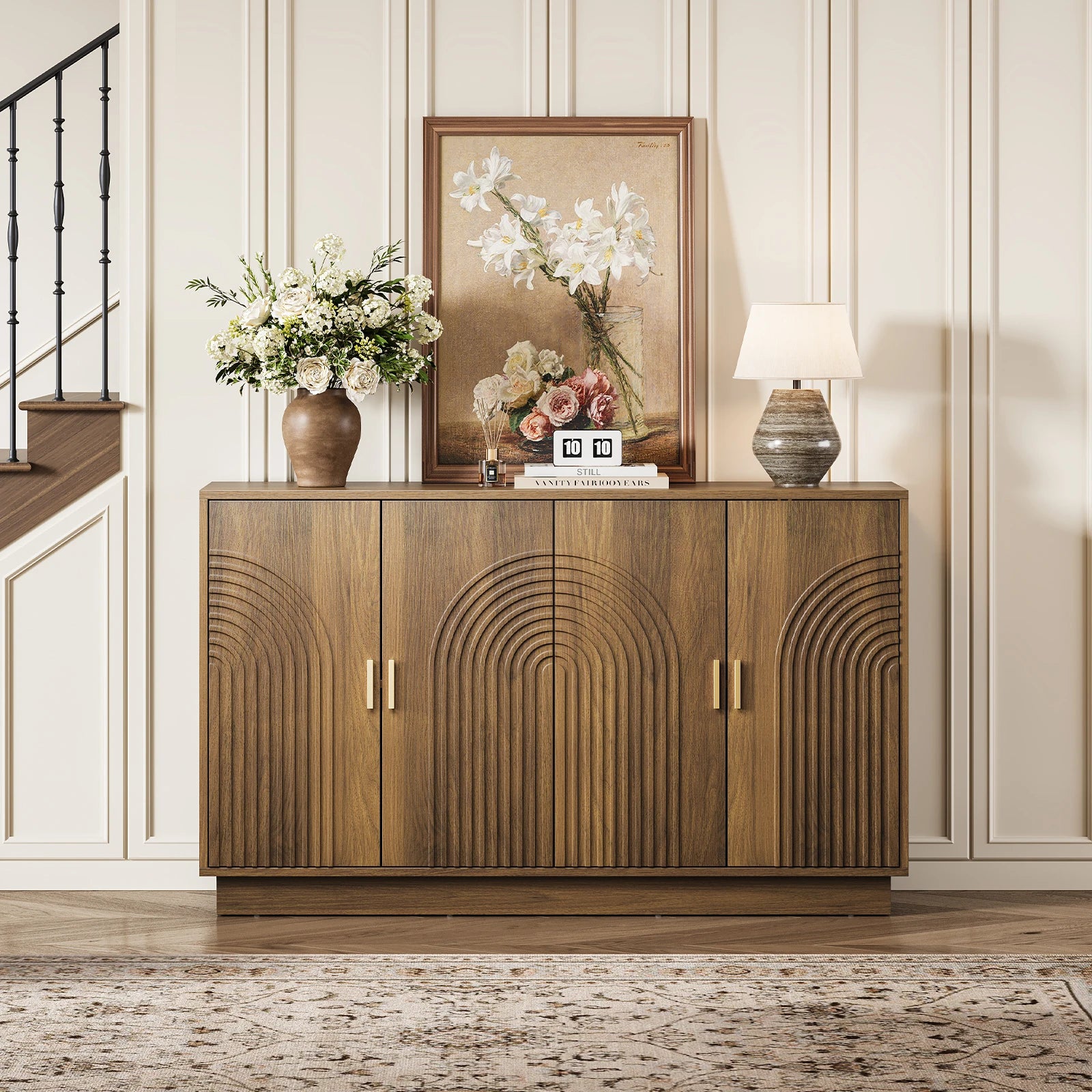 CURLA Fluted Sideboard Buffet Cabinet with Storage, 57" Coffee Bar Cabinet with 4 Doors & Adjustable Shelf, Credenza for Kitchen Living Room