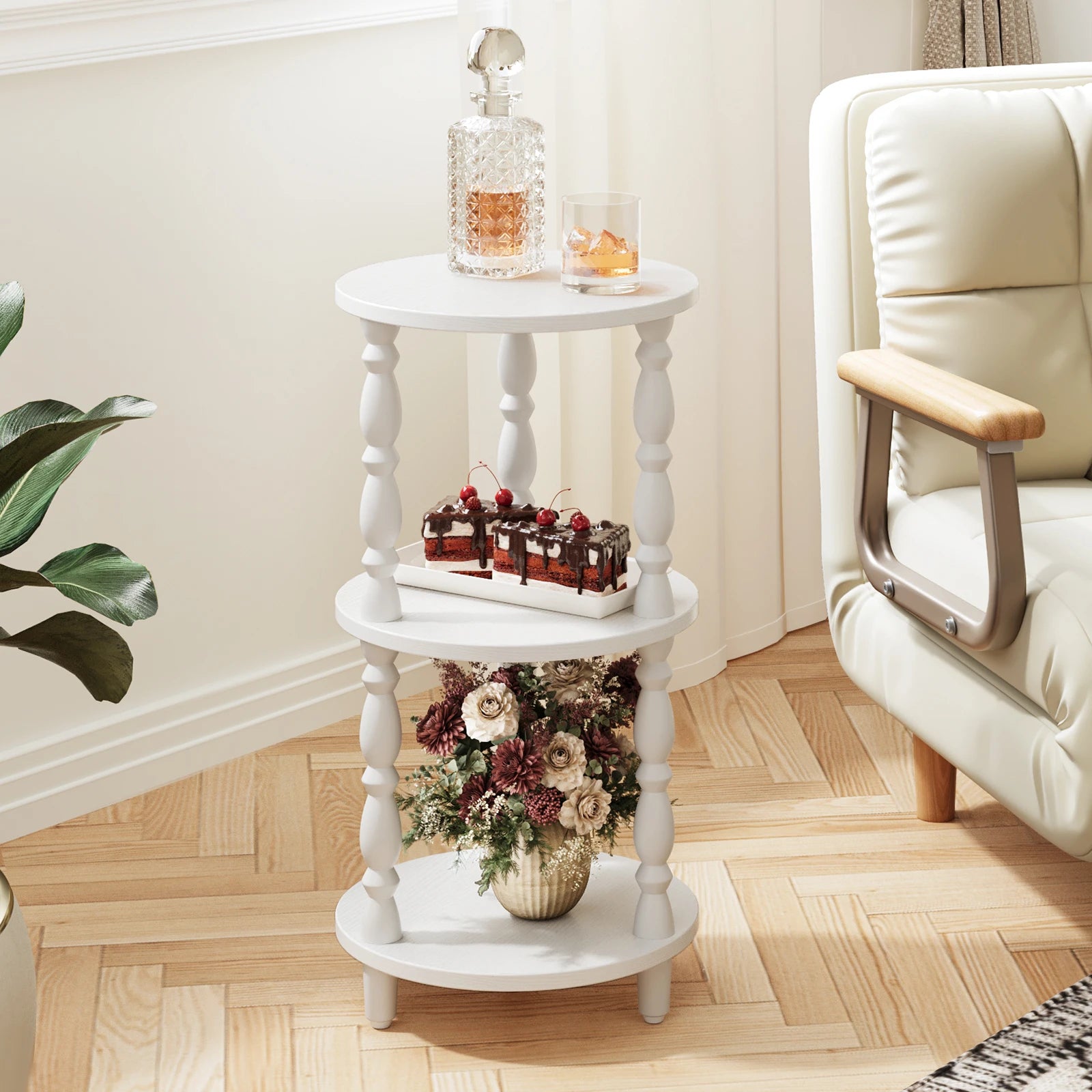 Maliowa 3-Tier Side Table, Small Round End Table for Living Room Bedroom, Accent Table Narrow Nightstand with Storage Shelf