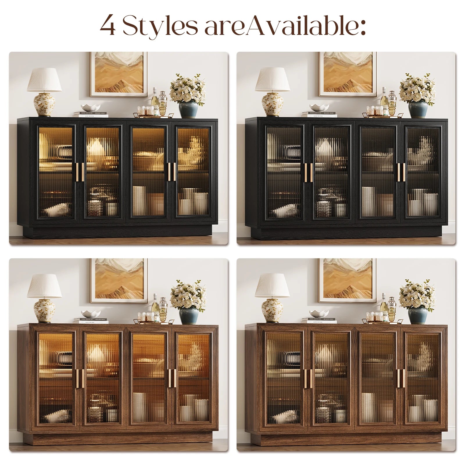 CURLA 55.1" Sideboard Buffet Cabinet with Storage, Wood Kitchen Cabinet with 4 Fluted Doors, Large Buffet Table, Credenza Coffee Bar for Dining Living Room