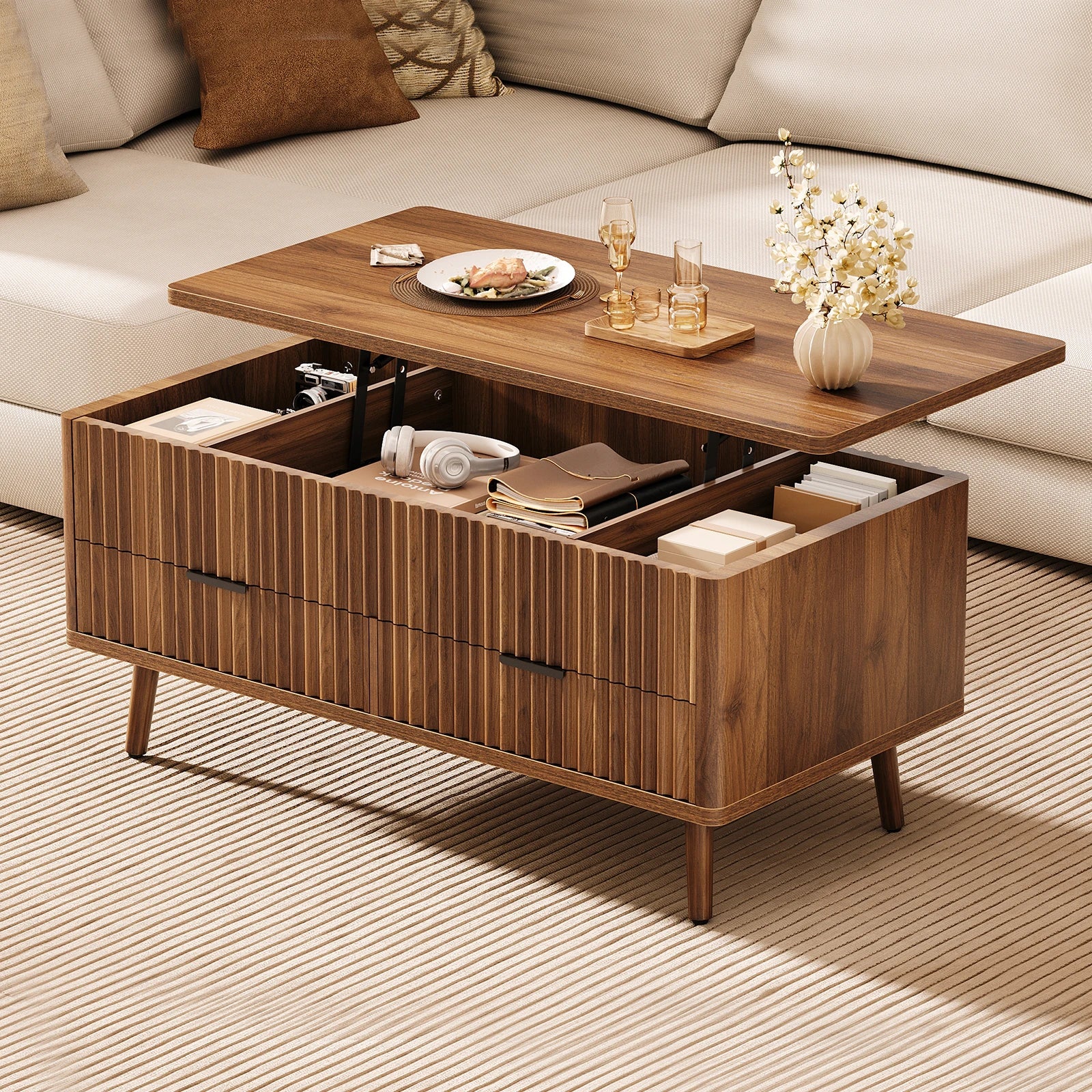 Lift Top Coffee Table with Storage, Wood Coffee Tables for Living Room with Drawers & Hidden Compartment, Mid Century Modern Center Table,Walnut