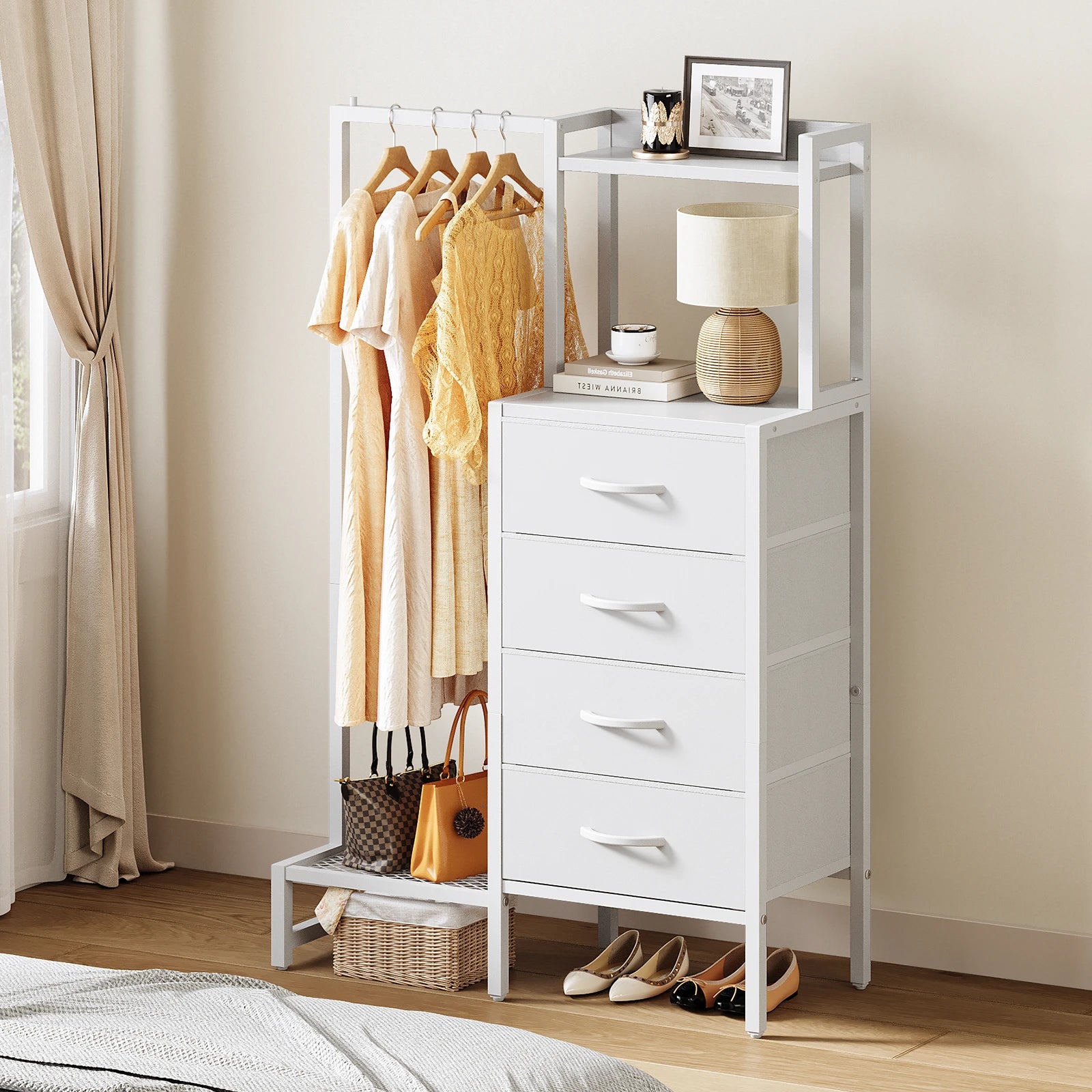 Yoob Small Dresser with Hanging Rack - Small Closet with 4 Fabric Storage Drawers, Chest of Drawer for Bedroom Entryway Dorm