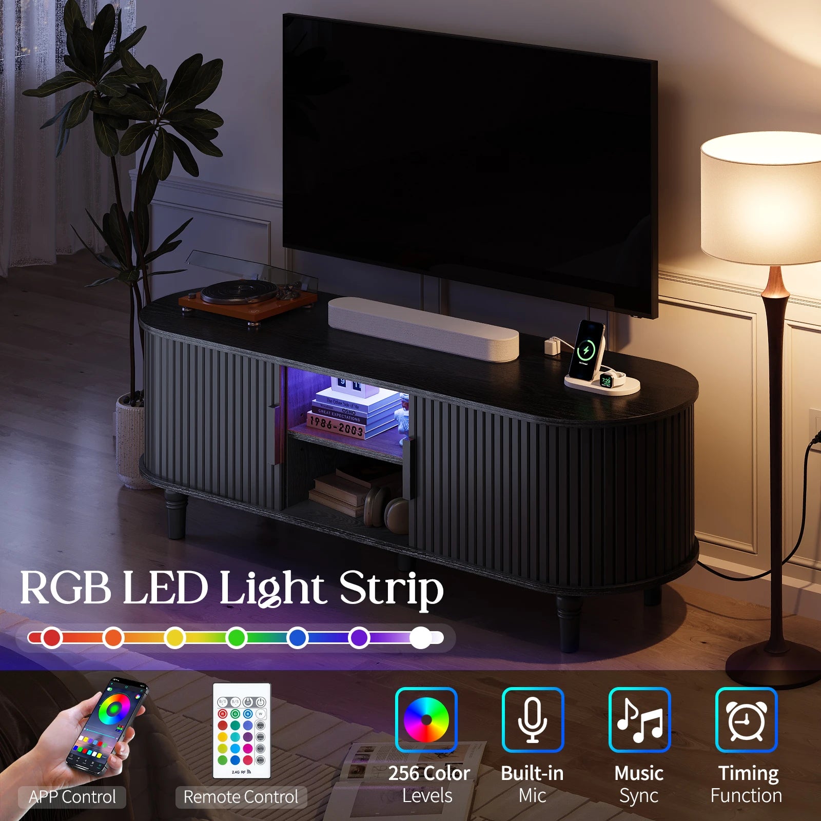CURLA 55" TV Stand with Power Outlet, Entertainment Center with Sliding Tambour Door, Modern TV Stands for Living Room Bedroom, LED Media Console