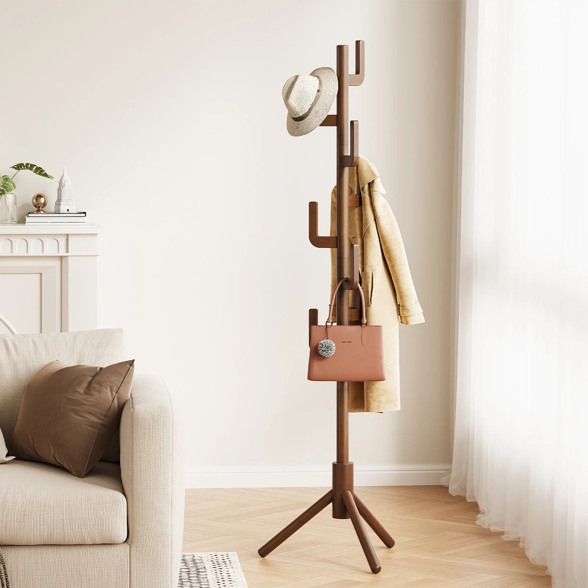 Maliowa Solid Wood Coat Rack Freestanding, Cactus Coat Tree with 8 Hooks for Jacket, Hat, Clothes, Coat Hanger Stand for Hall, Entryway, Bedroom