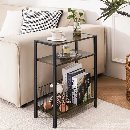 Yoob Narrow Side Table with Storage Basket, Small End Table for Small Spaces, Skinny End Tables Living Room Bedroom Office, 3 Tier Slim Nightstand