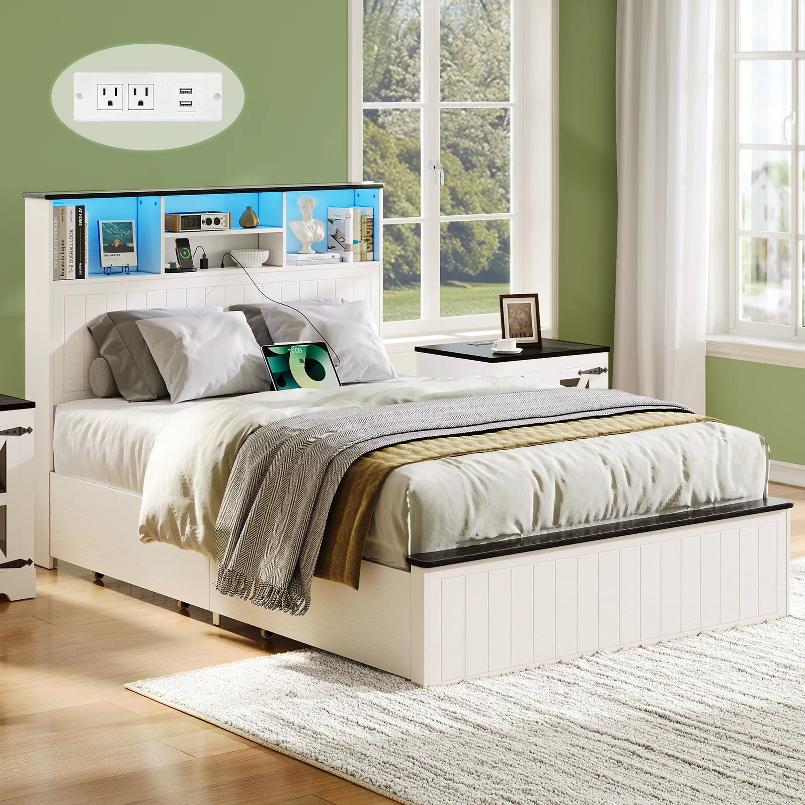 Full Size Bed Frame with Headboard, Farmhouse Wood Full Bed Frame with 4 Storage Drawers, Platform Beds with Charging Station &amp; LED Light