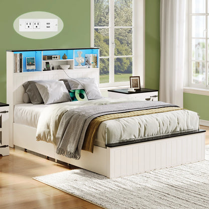 Full Size Bed Frame with Headboard, Farmhouse Wood Full Bed Frame with 4 Storage Drawers, Platform Beds with Charging Station &amp; LED Light