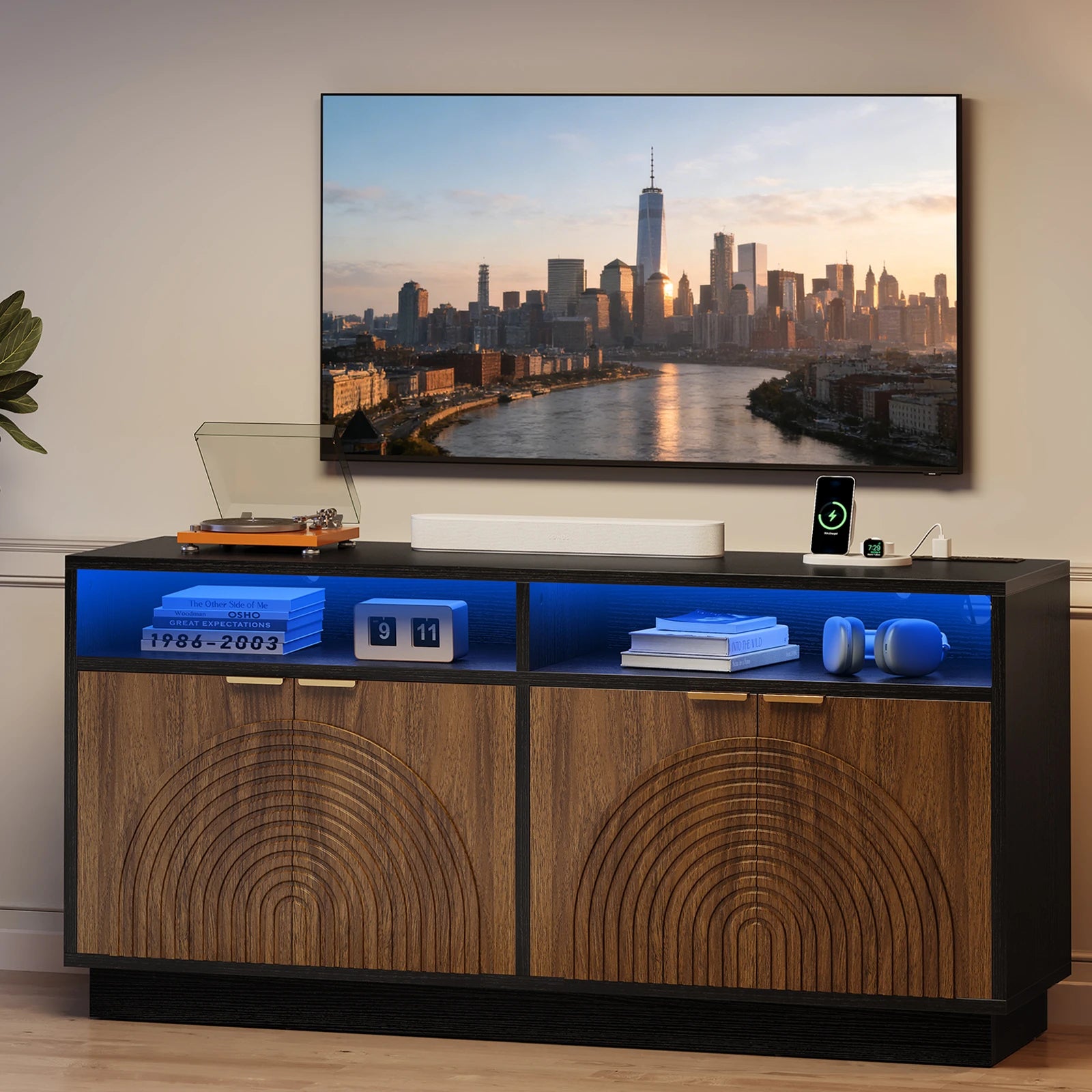 CURLA 58" Fluted TV Stand with Power Outlet, LED TV Stands with Storage &amp; Adjustable Shelf, Entertainment Center  for Living Room, Mid Century