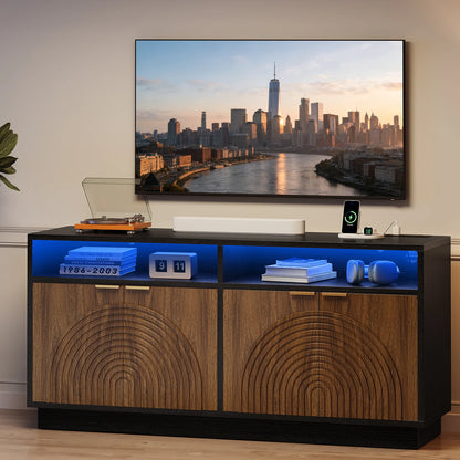 CURLA 58" Fluted TV Stand with Power Outlet, LED TV Stands with Storage &amp; Adjustable Shelf, Entertainment Center  for Living Room, Mid Century