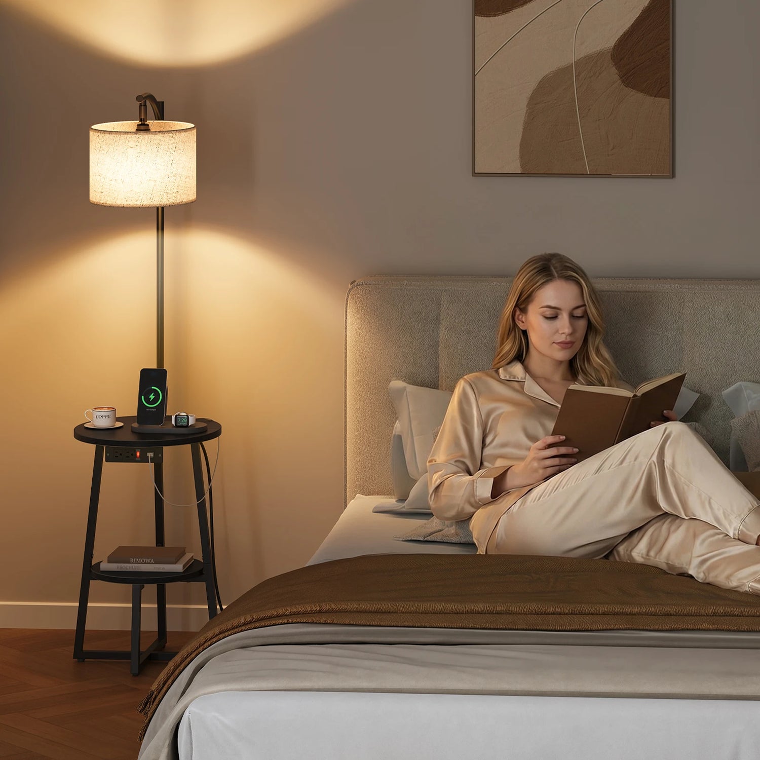 Maliowa Floor Lamp with Table, Attached End Table with Dimmable Lamp &amp; Charging Station, Side Table Lamps for Living Room Bedroom