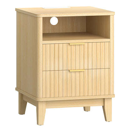 Night Stand with Charger Station, Fluted Nightstand with 2 Drawers and Storage Shelf, Mid Century Modern End Table for Bedroom Living Room