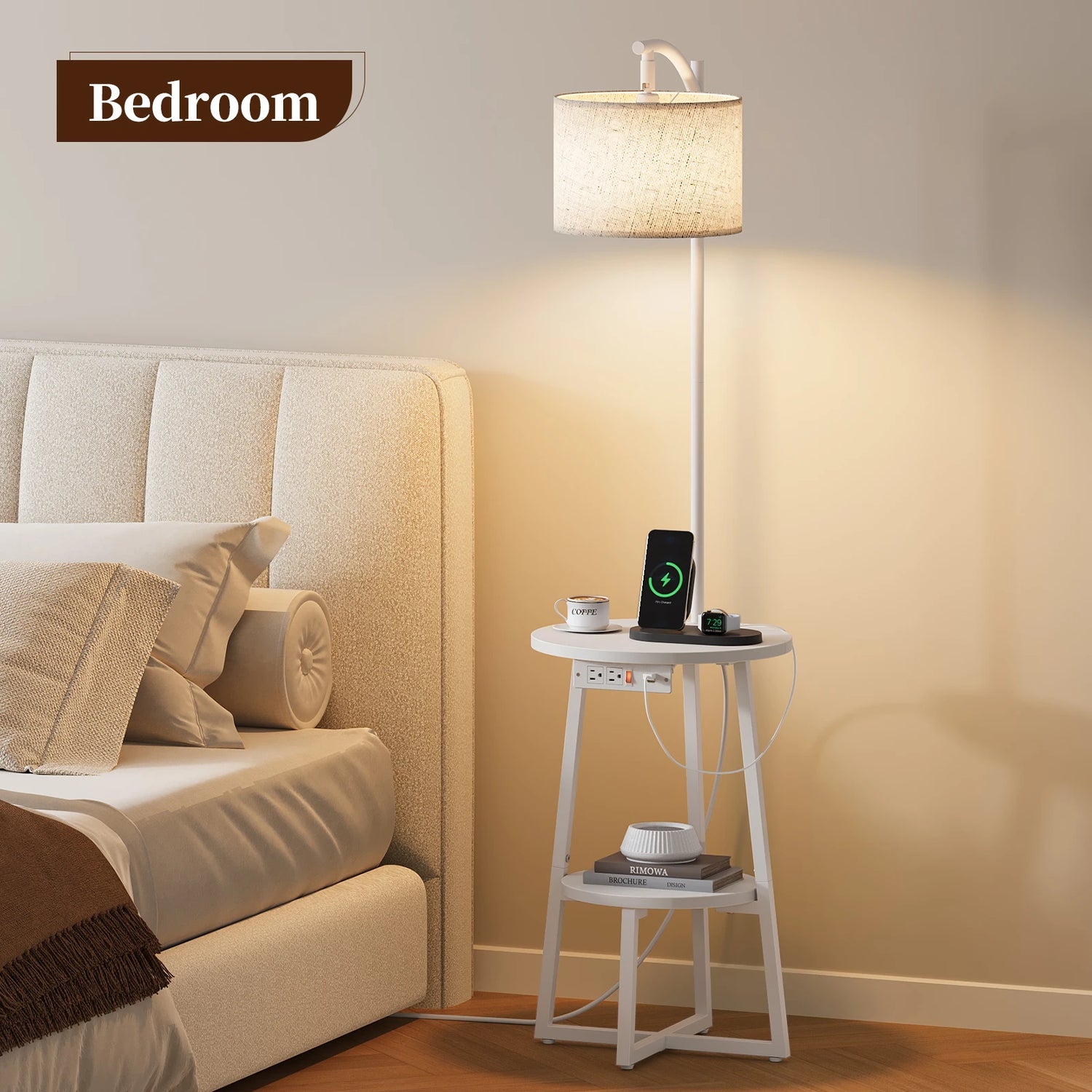 Maliowa Floor Lamp with Table, Attached End Table with Dimmable Lamp &amp; Charging Station, Side Table Lamps for Living Room Bedroom
