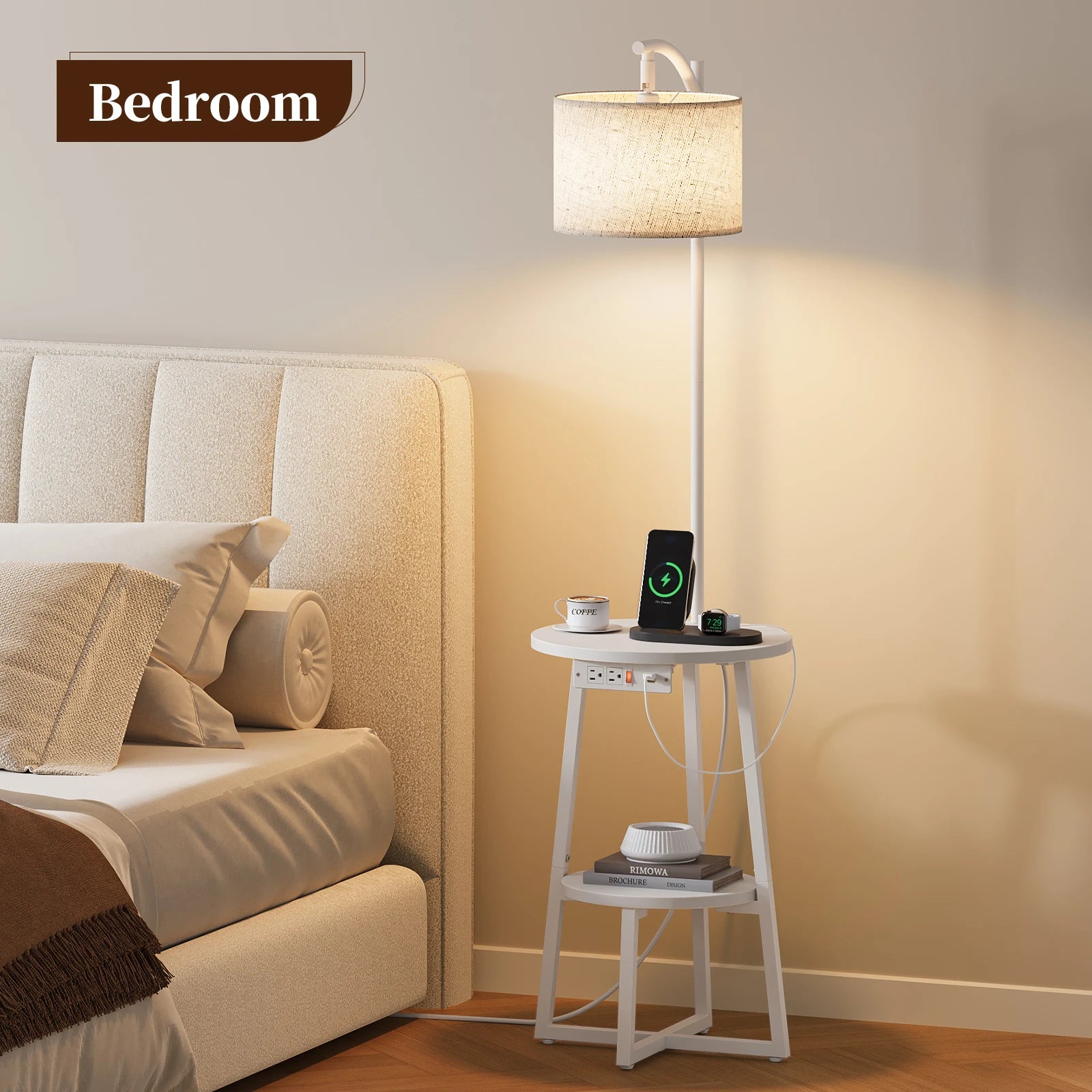 Maliowa Floor Lamp with Table, Attached End Table with Dimmable Lamp &amp; Charging Station, Side Table Lamps for Living Room Bedroom