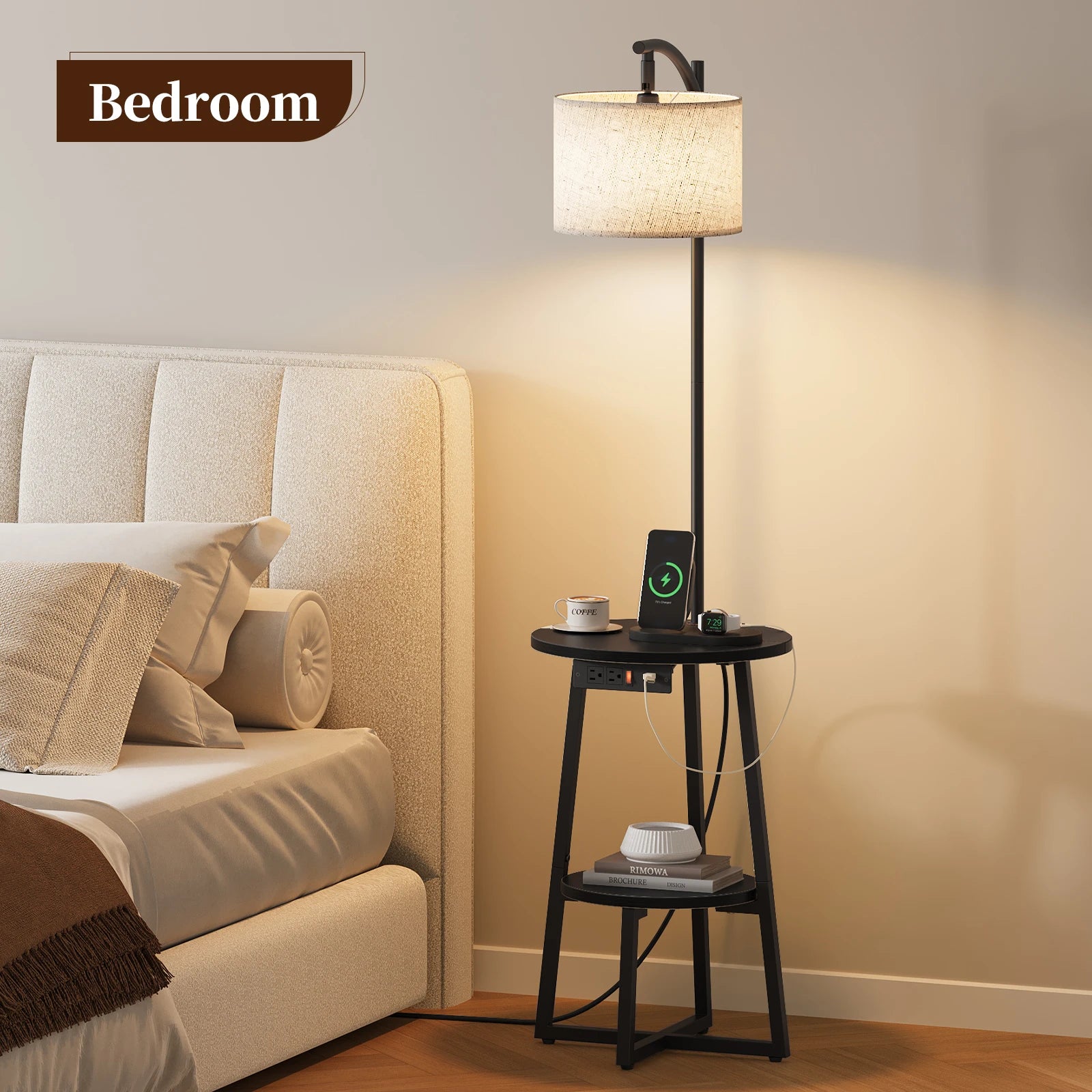 Maliowa Floor Lamp with Table, Attached End Table with Dimmable Lamp &amp; Charging Station, Side Table Lamps for Living Room Bedroom