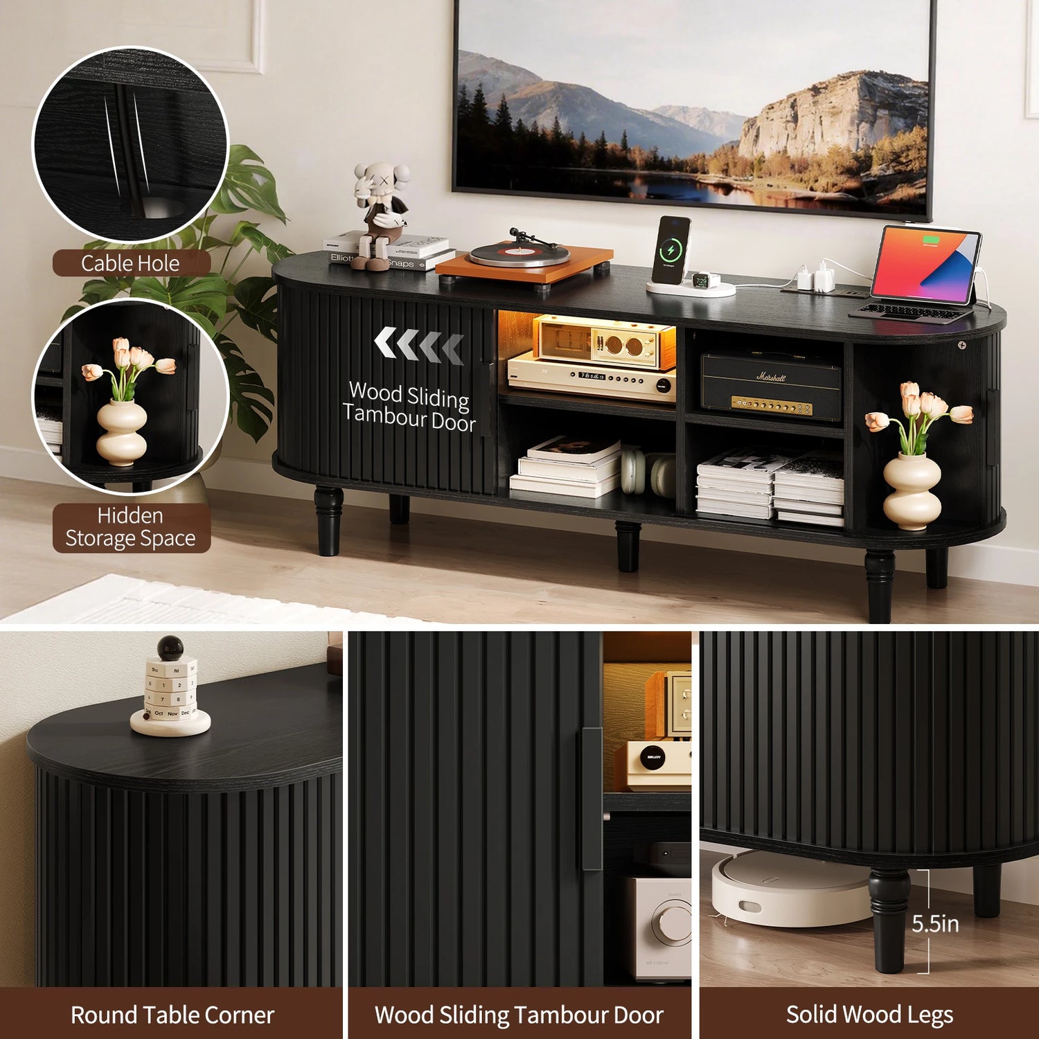 CURLA 55" TV Stand with Power Outlet, Entertainment Center with Sliding Tambour Door, Modern TV Stands for Living Room Bedroom, LED Media Console