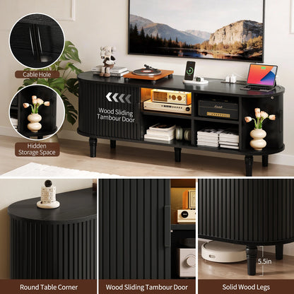 CURLA 55" TV Stand with Power Outlet, Entertainment Center with Sliding Tambour Door, Modern TV Stands for Living Room Bedroom, LED Media Console