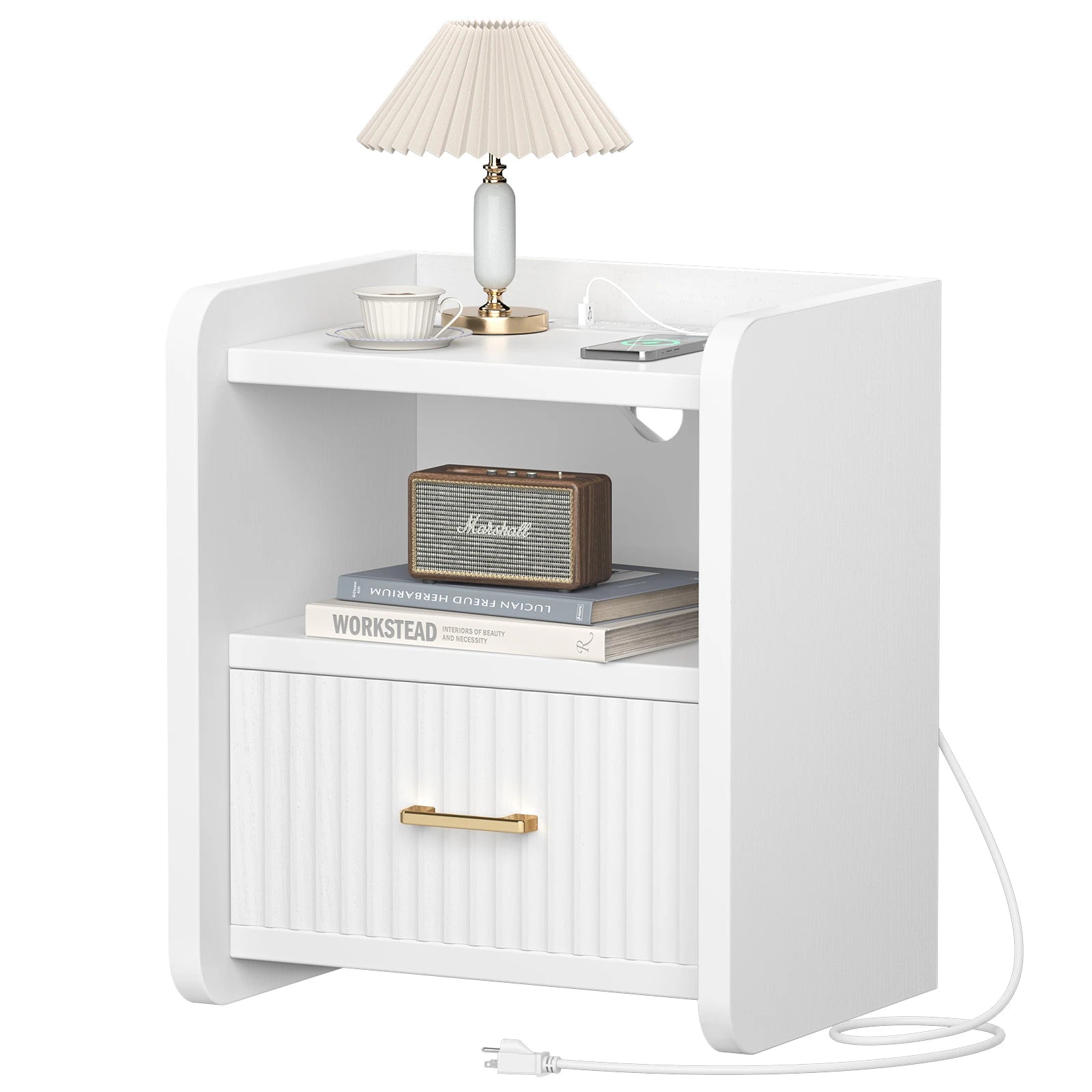 Fluted Nightstand with Charging Station,Wood Bedside Table Night Stand with Drawer and Open Shelf,Modern End Side Table for Bedroom Living Room