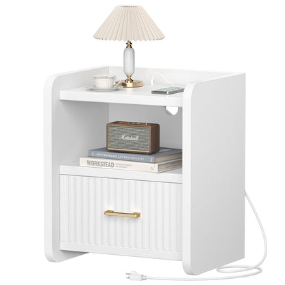 Fluted Nightstand with Charging Station,Wood Bedside Table Night Stand with Drawer and Open Shelf,Modern End Side Table for Bedroom Living Room