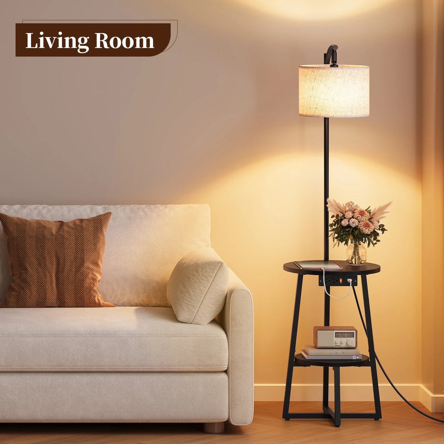 Maliowa Floor Lamp with Table, Attached End Table with Dimmable Lamp &amp; Charging Station, Side Table Lamps for Living Room Bedroom