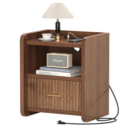 Fluted Nightstand with Charging Station,Wood Bedside Table Night Stand with Drawer and Open Shelf,Modern End Side Table for Bedroom Living Room
