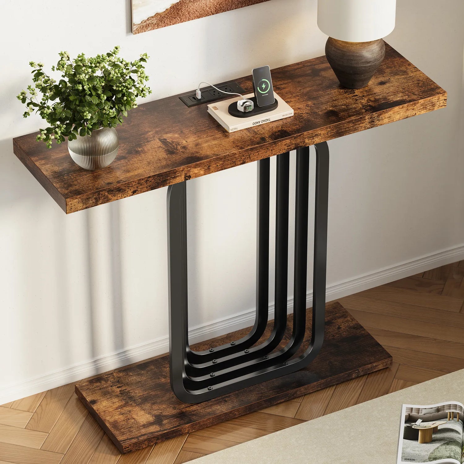 Narrow Console Table with Outlet, Industrial Entryway Table with Unique Base, Small Sofa Table, behind couch table for Entry Way Living Room,Brown