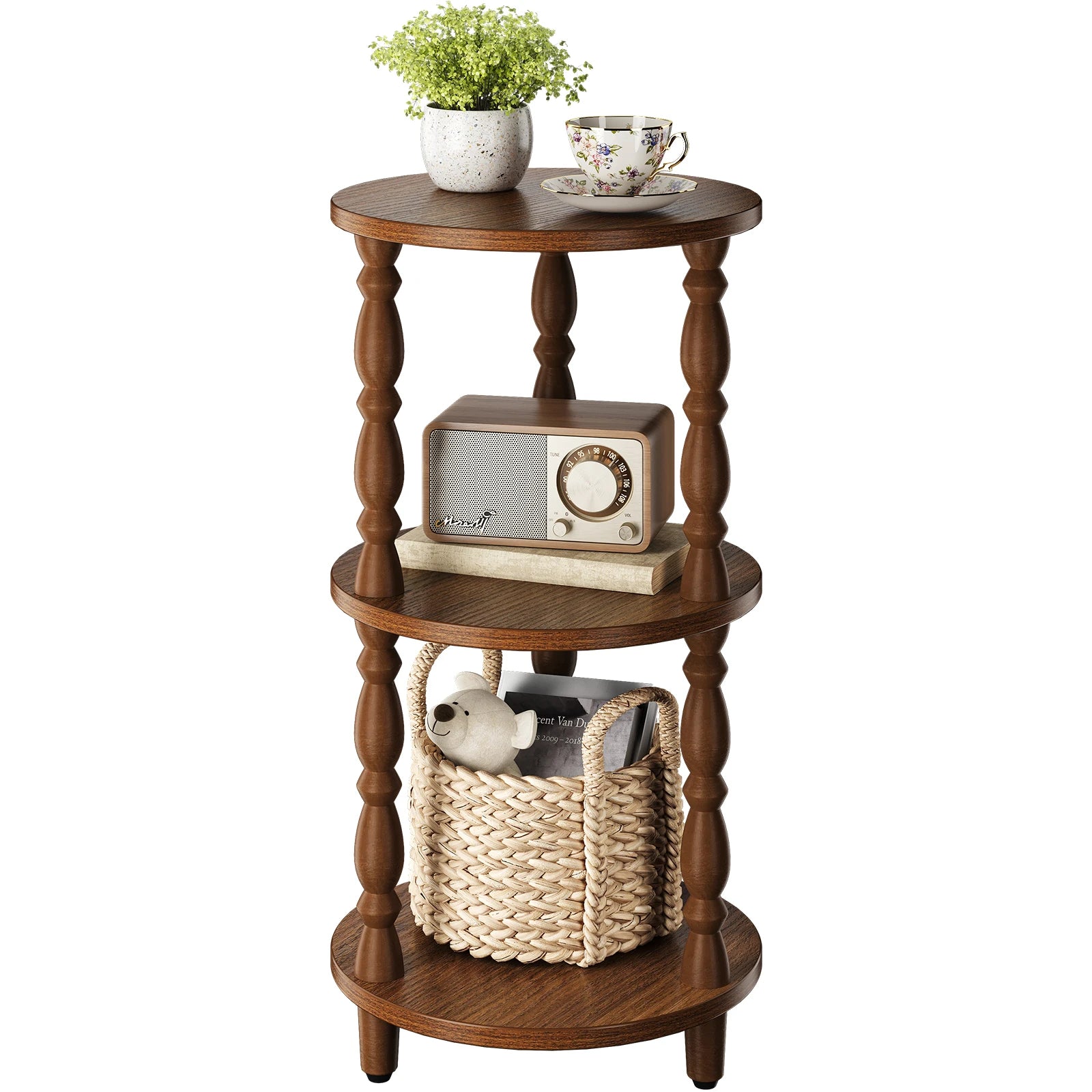 Maliowa 3-Tier Side Table, Small Round End Table for Living Room Bedroom, Accent Table Narrow Nightstand with Storage Shelf