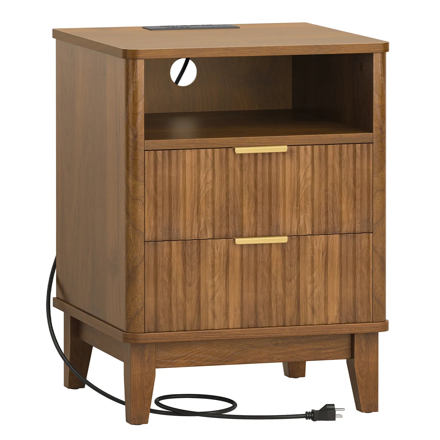 Night Stand with Charger Station, Fluted Nightstand with 2 Drawers and Storage Shelf, Mid Century Modern End Table for Bedroom Living Room