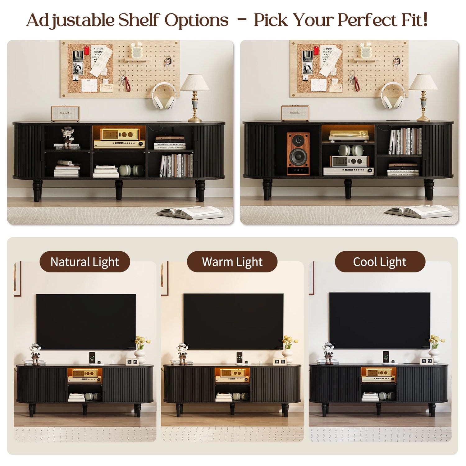 CURLA 55" TV Stand with Power Outlet, Entertainment Center with Sliding Tambour Door, Modern TV Stands for Living Room Bedroom, LED Media Console