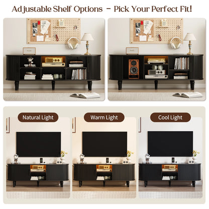 CURLA 55" TV Stand with Power Outlet, Entertainment Center with Sliding Tambour Door, Modern TV Stands for Living Room Bedroom, LED Media Console
