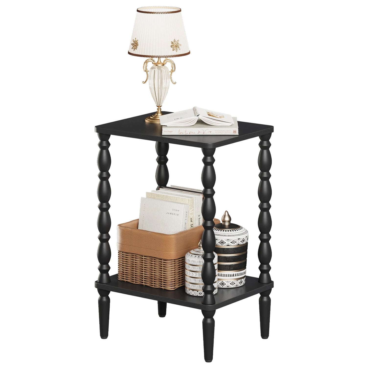 Maliowa 2-Tier Side Table, Small End Table for Living Room Bedroom with Storage Shelf, Vintage Accent Table Nightstand with Spindle Legs