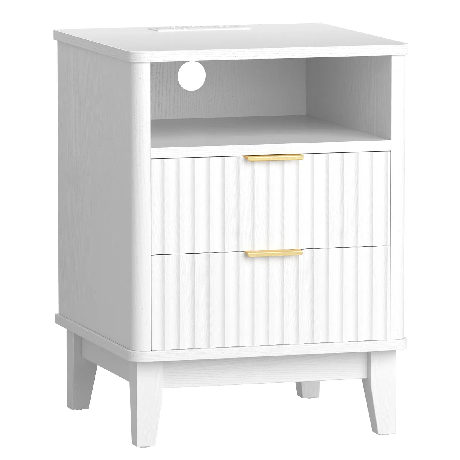 Night Stand with Charger Station, Fluted Nightstand with 2 Drawers and Storage Shelf, Mid Century Modern End Table for Bedroom Living Room