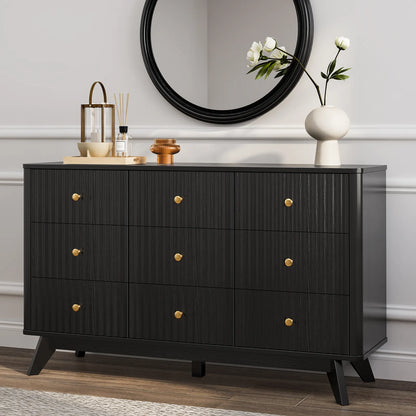 9 Drawer Dresser for Bedroom, Fluted Black Dresser for Storage, 52.8" Wood Dressers &amp; Chests of Drawers for Closet, Living Room, Entryway