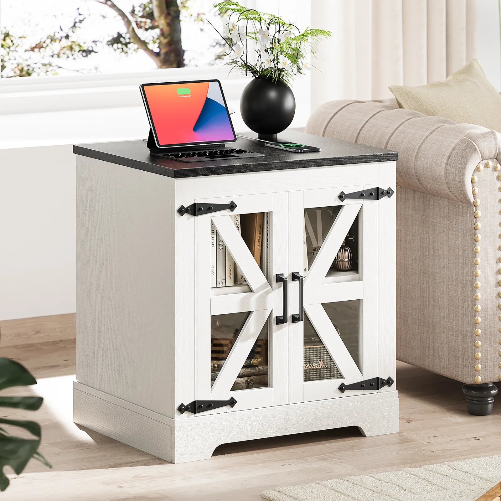 Curlaky Farmhouse Nightstand with Charging Station, Night Stand Side Table with Storage Cabinet, End Table with Adjustable Shelf, Side Tables Bedroom