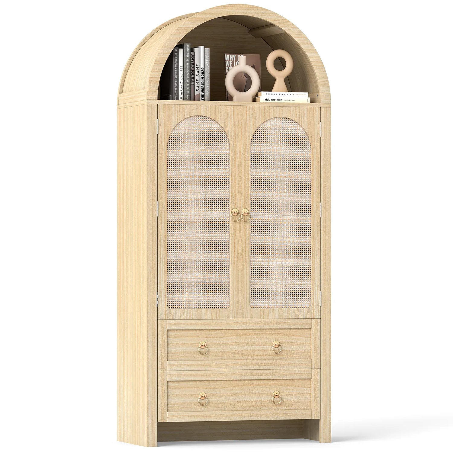 71" Tall Arched Kitchen Pantry Storage Cabinet, Food Pantry Cabinet Bookshelf with 2 Drawers, Wood Storage Cabinets with Door for Dining Room, Living Room