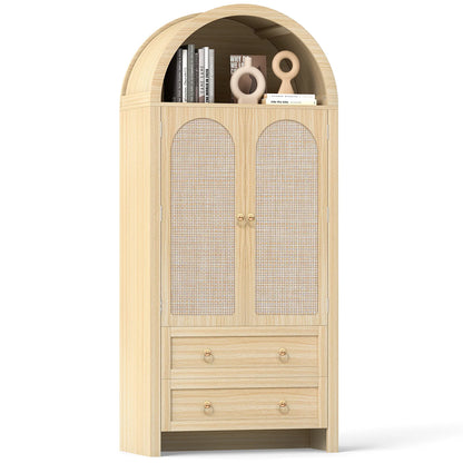71" Tall Arched Kitchen Pantry Storage Cabinet, Food Pantry Cabinet Bookshelf with 2 Drawers, Wood Storage Cabinets with Door for Dining Room, Living Room
