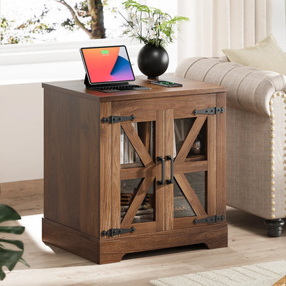 Curlaky Farmhouse Nightstand with Charging Station, Night Stand Side Table with Storage Cabinet, End Table with Adjustable Shelf, Side Tables Bedroom