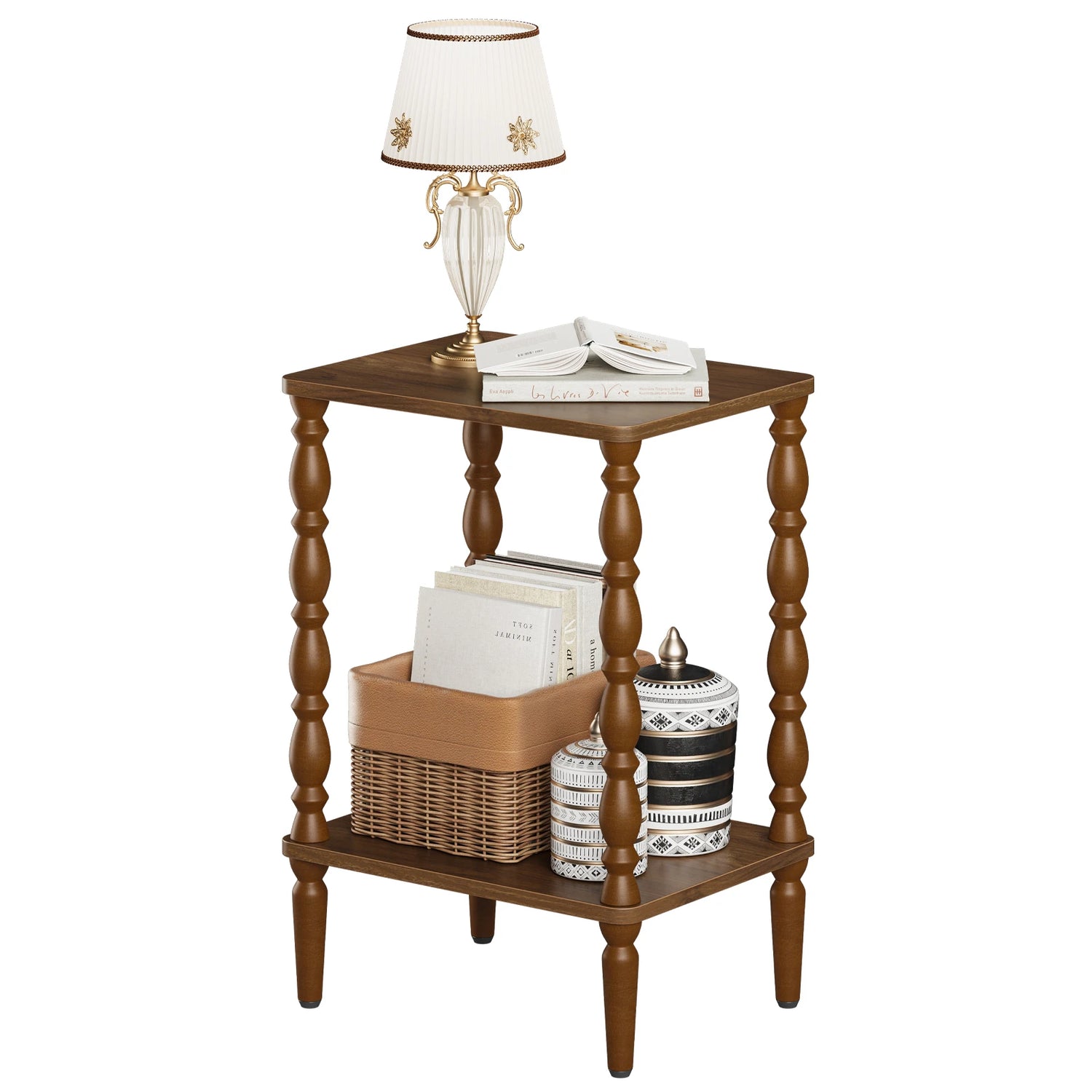 Maliowa 2-Tier Side Table, Small End Table for Living Room Bedroom with Storage Shelf, Vintage Accent Table Nightstand with Spindle Legs