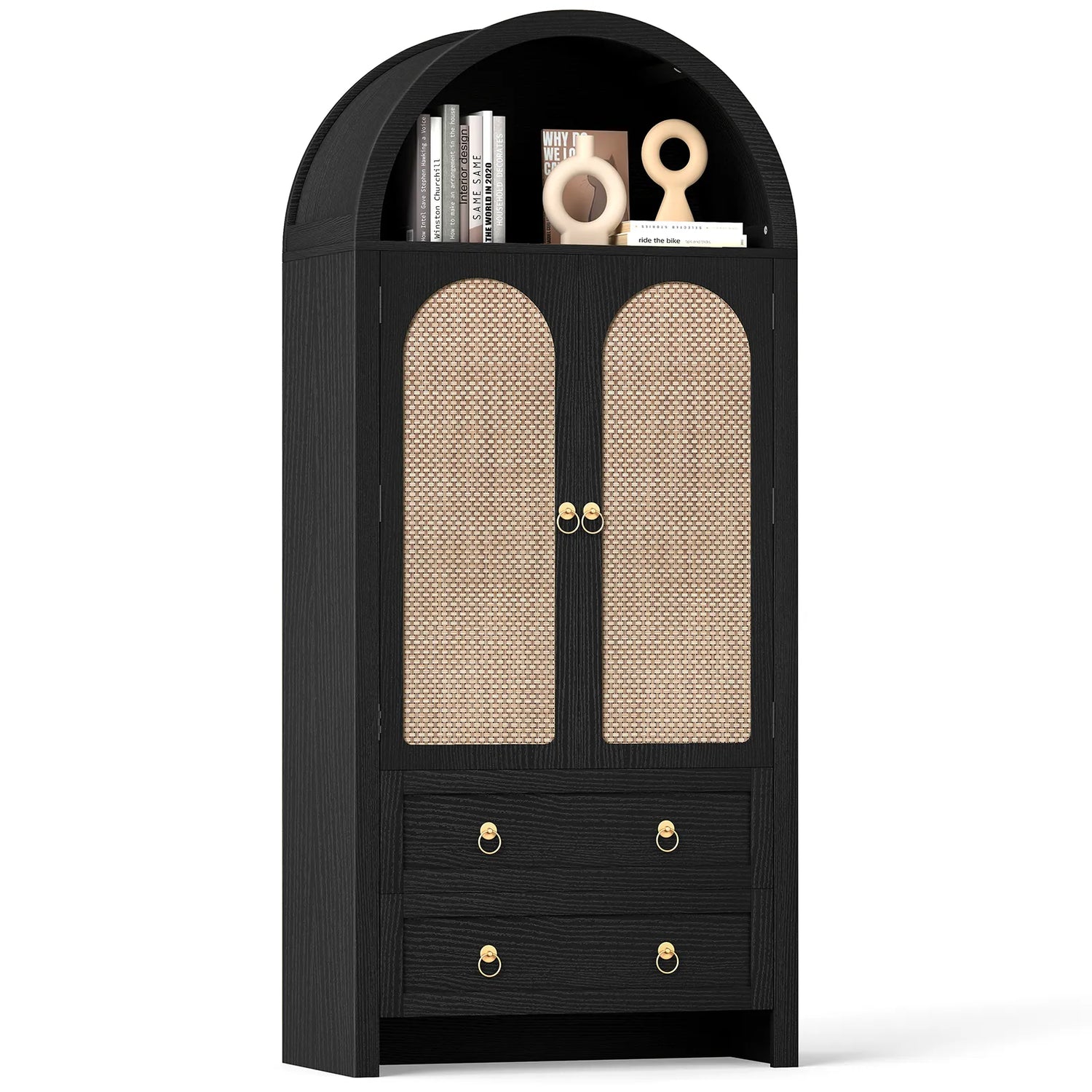 71" Tall Arched Kitchen Pantry Storage Cabinet, Food Pantry Cabinet Bookshelf with 2 Drawers, Wood Storage Cabinets with Door for Dining Room, Living Room