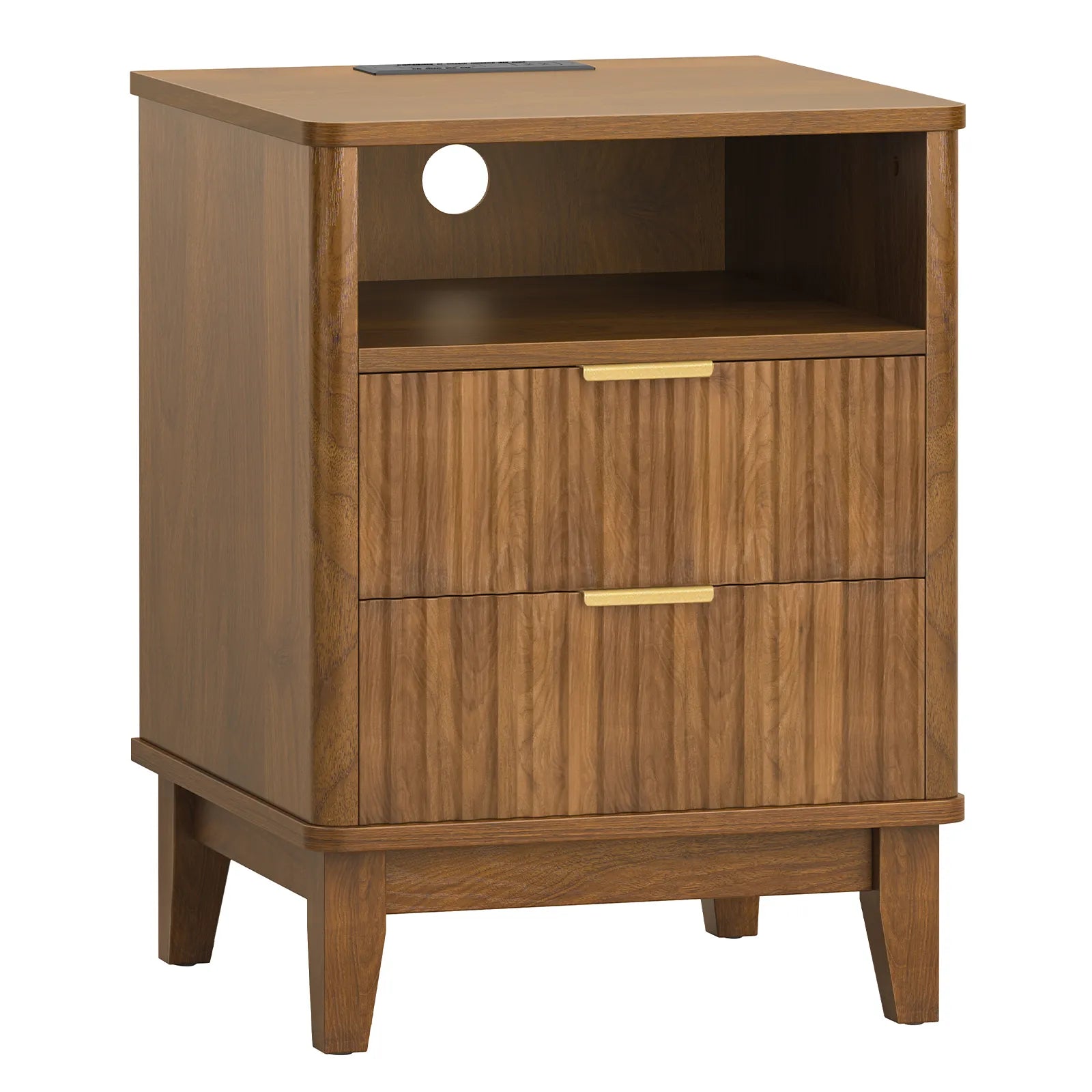 Night Stand with Charger Station, Fluted Nightstand with 2 Drawers and Storage Shelf, Mid Century Modern End Table for Bedroom Living Room