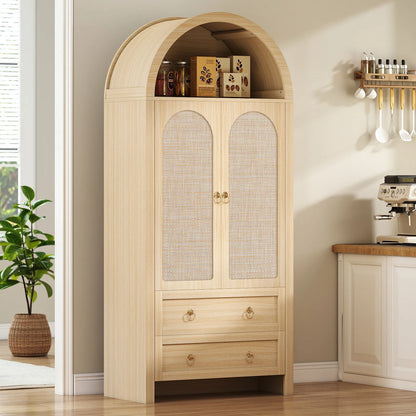 71" Tall Arched Kitchen Pantry Storage Cabinet, Food Pantry Cabinet Bookshelf with 2 Drawers, Wood Storage Cabinets with Door for Dining Room, Living Room