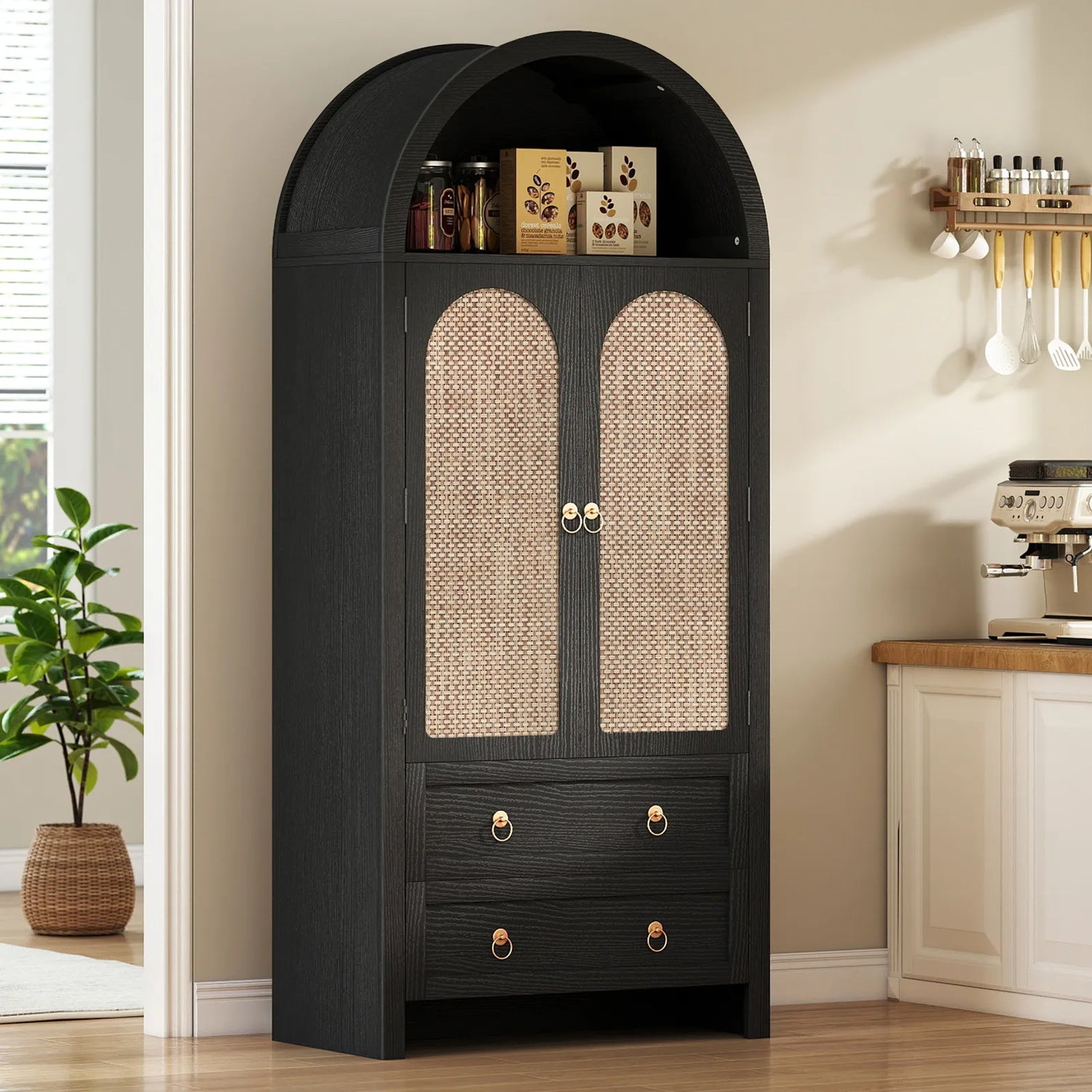 71" Tall Arched Kitchen Pantry Storage Cabinet, Food Pantry Cabinet Bookshelf with 2 Drawers, Wood Storage Cabinets with Door for Dining Room, Living Room